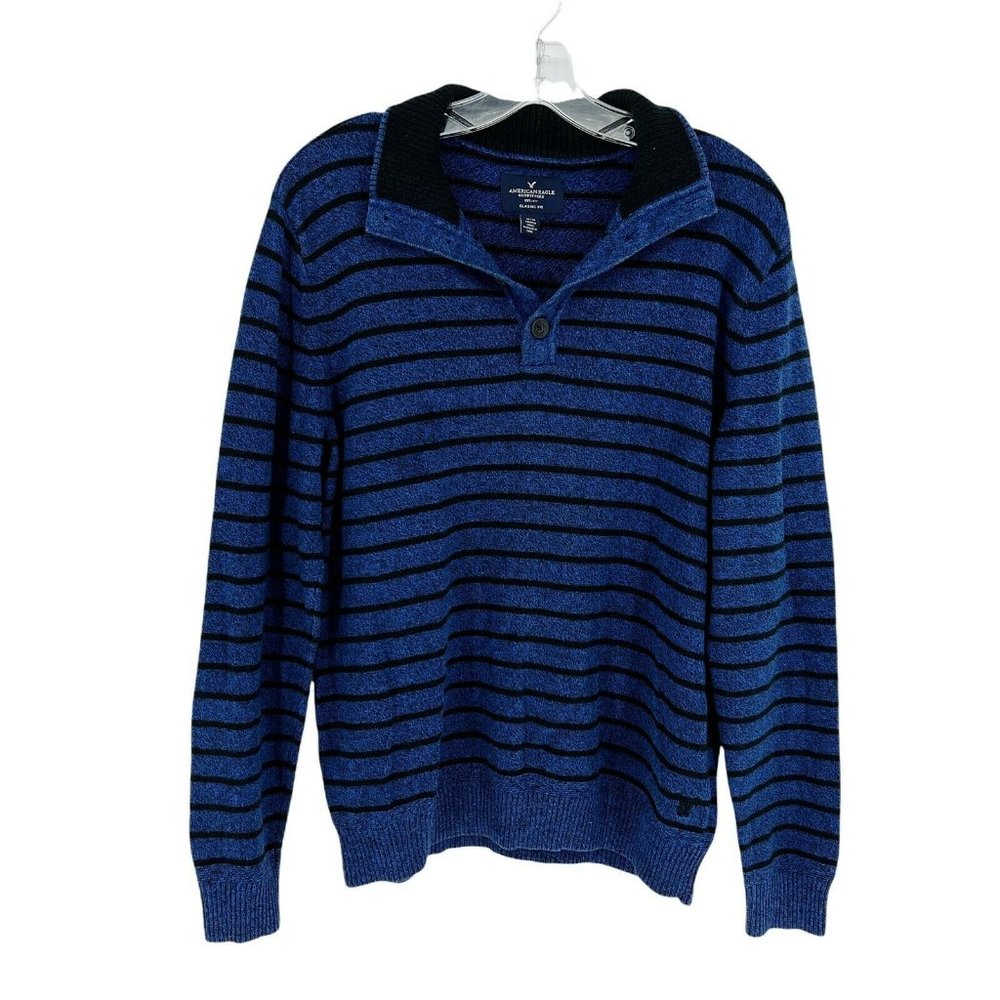 American Eagle Pullover Sweater Mens Medium Long Sleeve Striped Blue Cla…